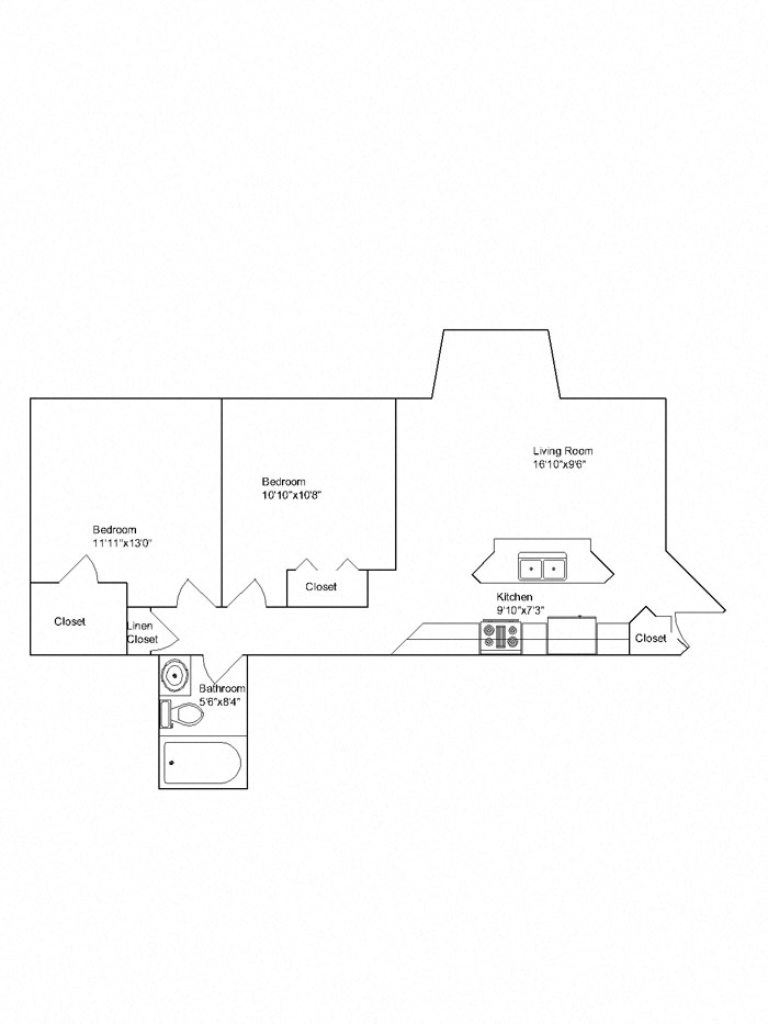 Floor plan for 2 beds, 1 bath, 900 sqft